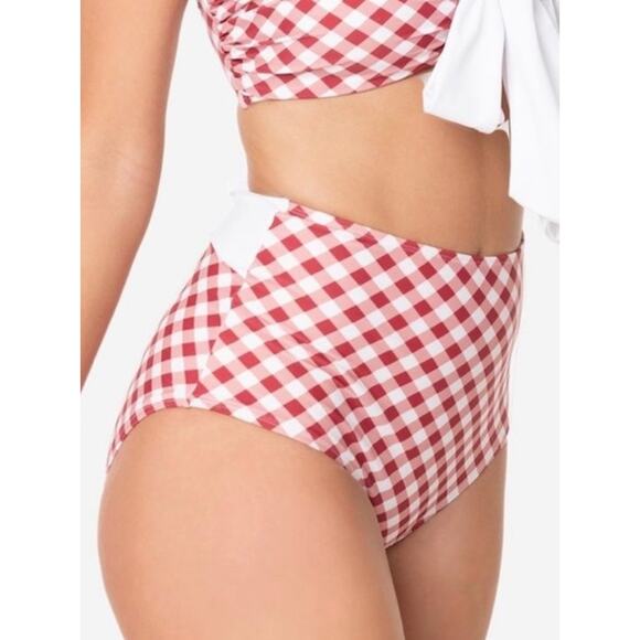 Unique Vintage Red Gingham Picnic Plaid High Waist Bikini Bottom XL NWT - Picture 1 of 4